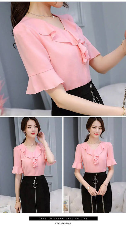 Women's Short Sleeve Chiffon V-Neck Top with Flare Sleeves