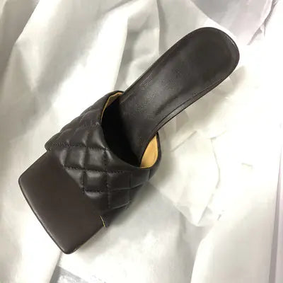 Square Head Leather High Heel Women's Shoes