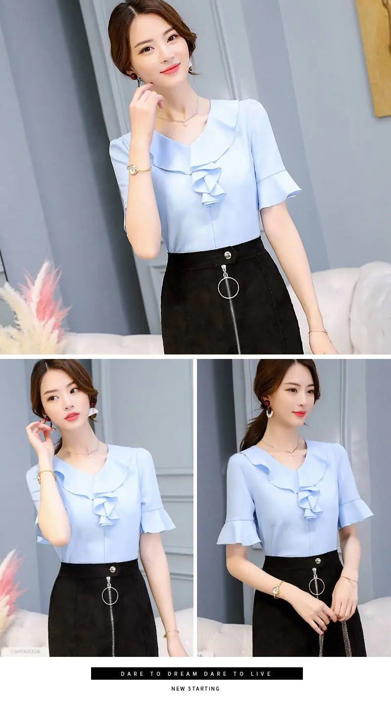 Women's Short Sleeve Chiffon V-Neck Top with Flare Sleeves