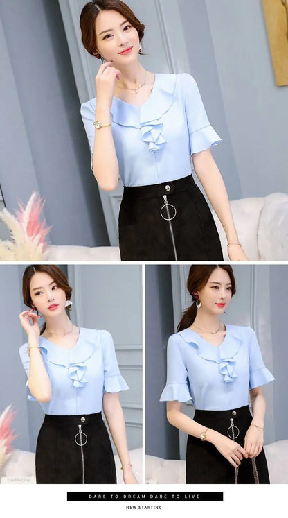 Women's Short Sleeve Chiffon V-Neck Top with Flare Sleeves